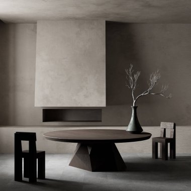 Acımasız tasarımın dramatik bir ifadesi. Katı formlar ve ham yüzeyler, materyal ve formu onurlandıran bir yemek alanında buluşuyor. 3B illüstrasyon