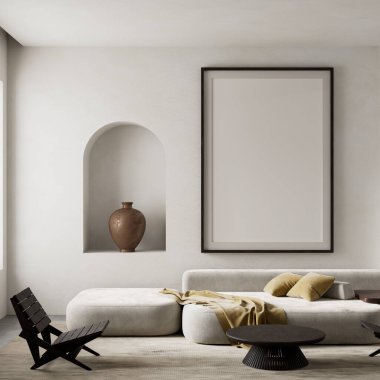 Yumuşak nötr tonlar, heykel dekoru ve modern zarafeti ve sakin estetiği ön plana çıkaran rahat bir düzenle donatılmış asgari bir oturma odası. 3B illüstrasyon