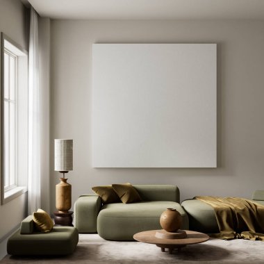 Sessiz yeşil oturma odası, doğal dokuları ve sakin ve şık bir atmosfer yaratan toprak tonlarıyla modern bir minimalist oturma odası. 3B illüstrasyon