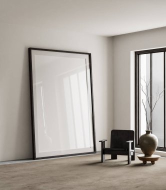 Tarafsız tonlar, temiz çizgiler ve toprak aksanlar minimalist estetik ve heykel dekoru olan sakin ve modern bir oturma odası yaratır. 3B illüstrasyon