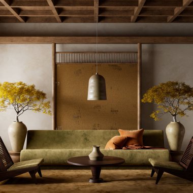 Topraksı tonları, düşük koltukları ve seramik vazoları olan modern bir oda. Saksı ağacı ve Japon esinlenerek sakin, zarif ve minimalist bir atmosfer yaratıldı. 3B illüstrasyon