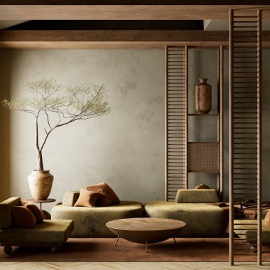 Huzurlu, minimalist bir yaşam alanı. Topraksı tonlarıyla, yumuşak ışıklandırmasıyla ve doğal dokuları, düşük mobilyaları ve zarif ahşap bölümleri olan Japonca esinlenilmiş bir dekor. 3B illüstrasyon