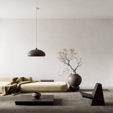 Tarafsız tonların, heykelsi bir bonsai ağacının ve sakin, zarif bir estetik için düşük profilli mobilyaların olduğu minimalist modern bir oturma odası. 3B illüstrasyon