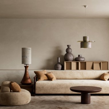 İskandinav sadeliği, bu sakin, minimalist alanda doğal tonların, temiz çizgilerin ve sakin işlevselliğin altını çizen Japon zarafetiyle harmanlanır. 3B illüstrasyon
