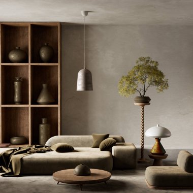 Huzurlu bir oturma odası zeytin oturakları, ahşap raflar ve seramik dcor 'u yumuşak doğal ışık altında harmanlayarak sıcak, minimalist ve uyumlu bir uzay 3D çizimi oluşturur.