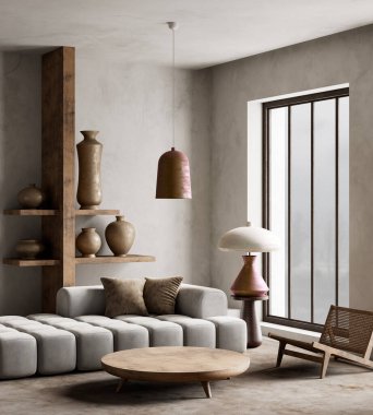 Modern ve rustik stiller bu rahat oturma odasında birleşir, heykelsel ışıklandırma ve seramik detaylar alanı genişletir. 3B illüstrasyon