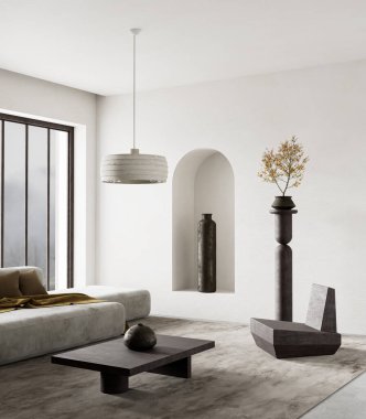 Yumuşak nötr bir oturma odası, minimalist mobilyalar, ve modern bir kolye ışığı, basitlik ve zarafeti bir arada harmanlayan bir alan. 3B illüstrasyon