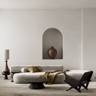 Yumuşak nötr tonlar, heykel dekoru ve modern zarafeti ve sakin estetiği ön plana çıkaran rahat bir düzenle donatılmış asgari bir oturma odası. 3B illüstrasyon