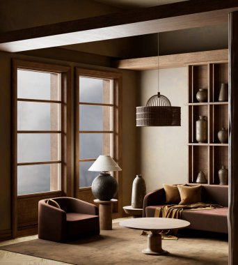 Dünya tonları, doğal dokuları ve modern minimalizmi ve samimi sıcaklığı harmanlayan heykel desenli sakin bir yaşam alanı. 3B illüstrasyon