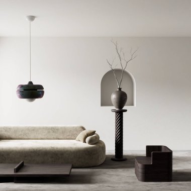 Heykel koltuğu, yumuşak kıvrımlı kanepe ve doğal ışıkla modern zarafetle harmanlanmış minimalist oturma odası. 3B illüstrasyon
