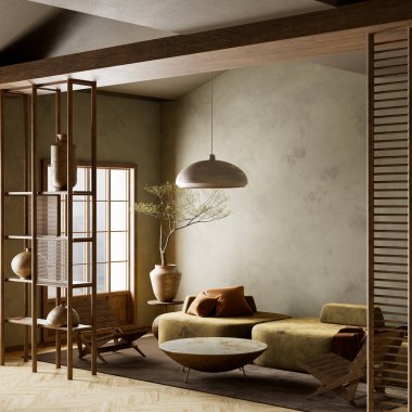 Huzurlu, minimalist bir yaşam alanı. Topraksı tonlarıyla, yumuşak ışıklandırmasıyla ve doğal dokuları, düşük mobilyaları ve zarif ahşap bölümleri olan Japonca esinlenilmiş bir dekor. 3B illüstrasyon
