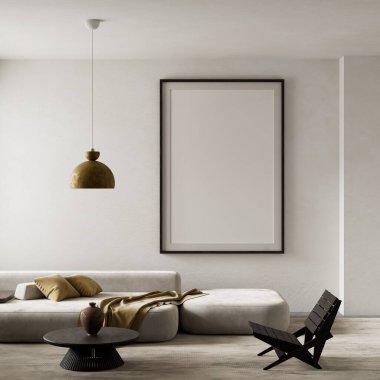 Yumuşak nötr tonlar, heykel dekoru ve modern zarafeti ve sakin estetiği ön plana çıkaran rahat bir düzenle donatılmış asgari bir oturma odası. 3B illüstrasyon