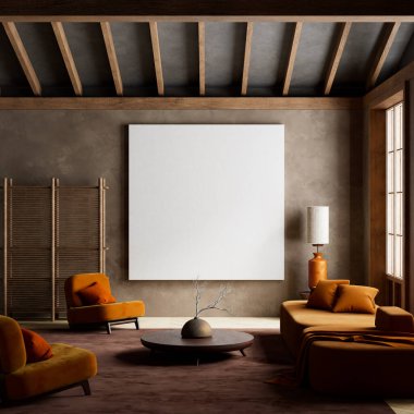 Mekan, Japonların esinlendiği zarafeti kucaklıyor. Basitliğin modern rahatlıkla buluştuğu, rahatlatıcı ve sessiz bir düşünce için mükemmel bir atmosfer yarattığı yer. 3B illüstrasyon