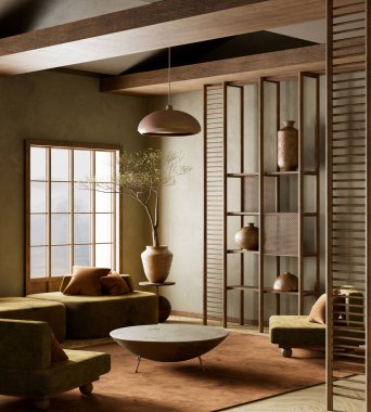 Huzurlu, minimalist bir yaşam alanı. Topraksı tonlarıyla, yumuşak ışıklandırmasıyla ve doğal dokuları, düşük mobilyaları ve zarif ahşap bölümleri olan Japonca esinlenilmiş bir dekor. 3B illüstrasyon