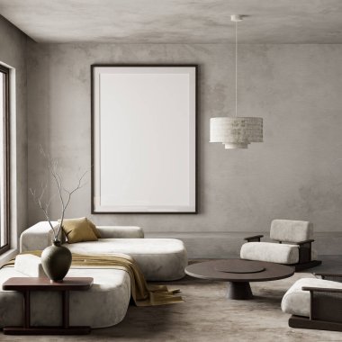 Yumuşak bej tonlu ve toprak aksanlı, eğri büğrü mobilyalar, heykel aydınlatması ve doğal dokulardan esinlenilmiş sakin bir atmosferi olan minimal bir oturma odası. 3B illüstrasyon