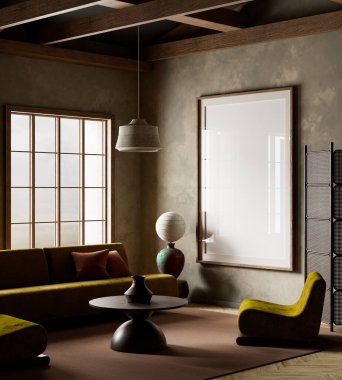 Bu zarif iç mekan geleneksel Japon tasarımıyla modern konforu birleştirir. Doğal ışık, dünyevi renkler ve basit formlar barışçıl bir atmosfer yaratır. 3B illüstrasyon