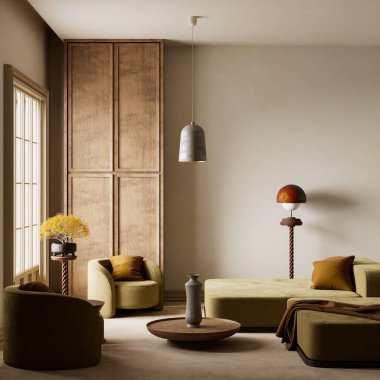 Zeytin yeşili koltuklu minimalist bir yaşam alanı, sıcak ahşap aksanlı ve sakin ve zarif bir palet. 3B illüstrasyon