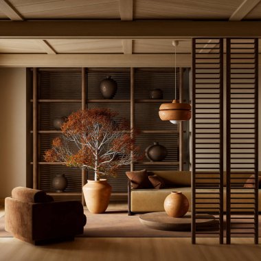 Japon estetiğini doğal tonlarla harmanlayan sıcak, minimalist bir oturma odası, dokulu çömlekçilik ve yumuşak ışıklandırma sakin, dengeli bir atmosfer için.