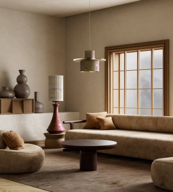 İskandinav sadeliği, bu sakin, minimalist alanda doğal tonların, temiz çizgilerin ve sakin işlevselliğin altını çizen Japon zarafetiyle harmanlanır. 3B illüstrasyon