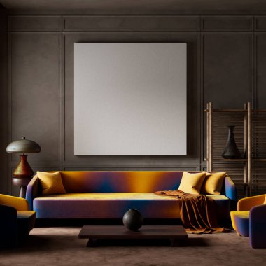 Çarpıcı iç mekan, canlı gradyan mobilyaları heykel dekorları ile birleştirerek, retro yetenek ve modern karmaşıklık arasında benzersiz bir uyum yaratır. 3B illüstrasyon