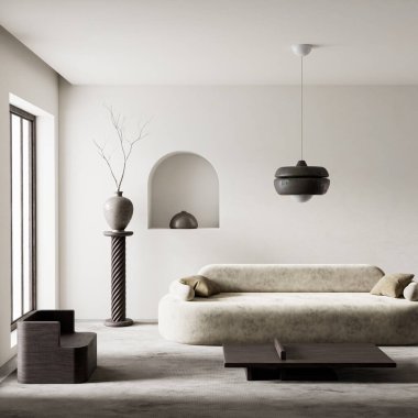 Heykel koltuğu, yumuşak kıvrımlı kanepe ve doğal ışıkla modern zarafetle harmanlanmış minimalist oturma odası. 3B illüstrasyon