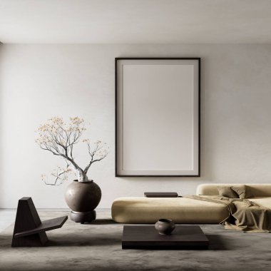 Tarafsız tonların, heykelsi bir bonsai ağacının ve sakin, zarif bir estetik için düşük profilli mobilyaların olduğu minimalist modern bir oturma odası. 3B illüstrasyon