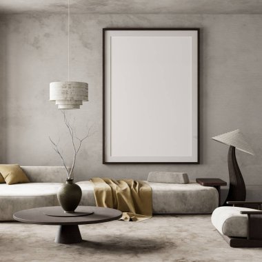 Yumuşak bej tonlu ve toprak aksanlı, eğri büğrü mobilyalar, heykel aydınlatması ve doğal dokulardan esinlenilmiş sakin bir atmosferi olan minimal bir oturma odası. 3B illüstrasyon