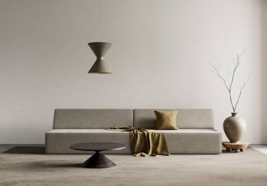 Tarafsız tonlar, temiz çizgiler ve toprak aksanlar minimalist estetik ve heykel dekoru olan sakin ve modern bir oturma odası yaratır. 3B illüstrasyon