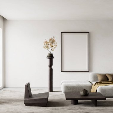 Yumuşak nötr bir oturma odası, minimalist mobilyalar, ve modern bir kolye ışığı, basitlik ve zarafeti bir arada harmanlayan bir alan. 3B illüstrasyon