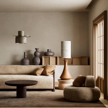 İskandinav sadeliği, bu sakin, minimalist alanda doğal tonların, temiz çizgilerin ve sakin işlevselliğin altını çizen Japon zarafetiyle harmanlanır. 3B illüstrasyon