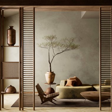 Huzurlu, minimalist bir yaşam alanı. Topraksı tonlarıyla, yumuşak ışıklandırmasıyla ve doğal dokuları, düşük mobilyaları ve zarif ahşap bölümleri olan Japonca esinlenilmiş bir dekor. 3B illüstrasyon