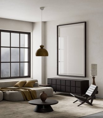 Yumuşak nötr tonlar, heykel dekoru ve modern zarafeti ve sakin estetiği ön plana çıkaran rahat bir düzenle donatılmış asgari bir oturma odası. 3B illüstrasyon