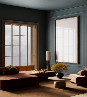 Rahat ve sofistike oturma odası modern tasarımı doğal elementlerle harmanlıyor. Pas rengi koltuklar, minimalist yuvarlak kahve masası ve yumuşak, sessiz bir renk paleti. 3B illüstrasyon