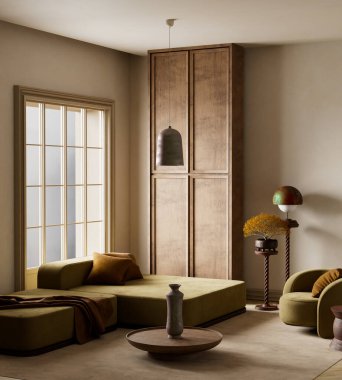 Zeytin yeşili koltuklu minimalist bir yaşam alanı, sıcak ahşap aksanlı ve sakin ve zarif bir palet. 3B illüstrasyon