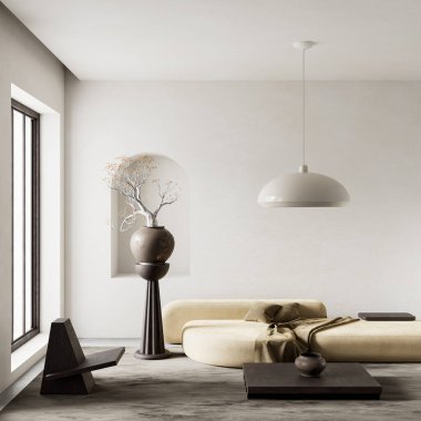 Tarafsız tonların, heykelsi bir bonsai ağacının ve sakin, zarif bir estetik için düşük profilli mobilyaların olduğu minimalist modern bir oturma odası. 3B illüstrasyon