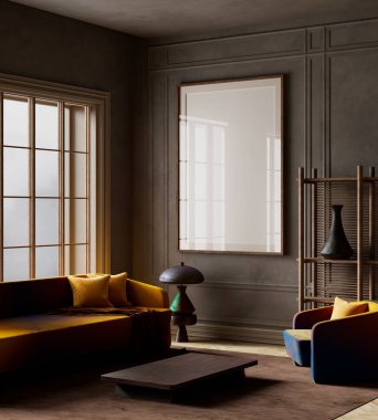 Çarpıcı iç mekan, canlı gradyan mobilyaları heykel dekorları ile birleştirerek, retro yetenek ve modern karmaşıklık arasında benzersiz bir uyum yaratır. 3B illüstrasyon