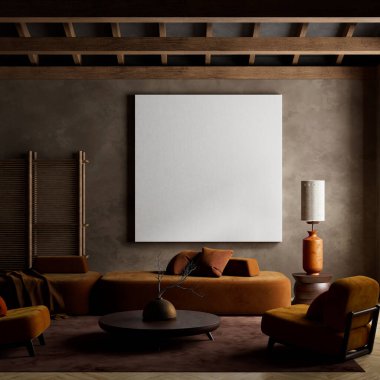 Mekan, Japonların esinlendiği zarafeti kucaklıyor. Basitliğin modern rahatlıkla buluştuğu, rahatlatıcı ve sessiz bir düşünce için mükemmel bir atmosfer yarattığı yer. 3B illüstrasyon