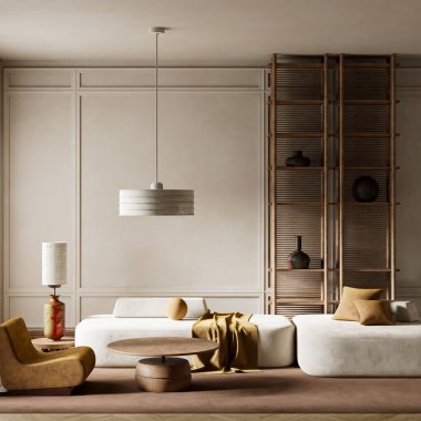 Sakin ve zarif bir atmosfer için yumuşak nötrleri, doğal ahşabı ve minimalist tasarımı birleştiren rahat, modern bir yaşam alanı.