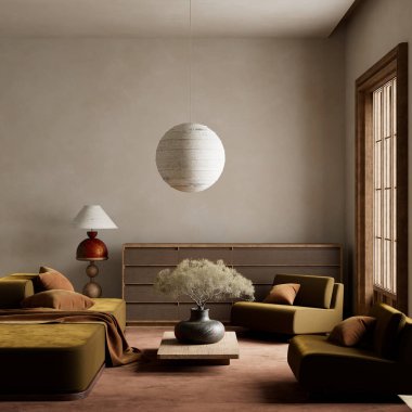 Doğal zarafet ve dengenin mükemmel bir dokunuşu için sakin, toprak tonlarını, modern mobilyaları ve heykel ağacını harmanlayan bir yer.