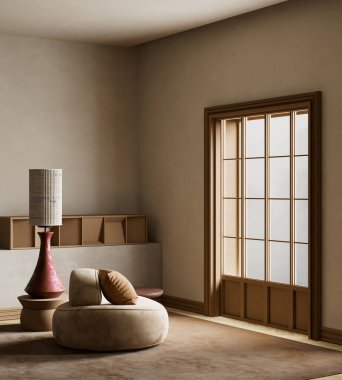 İskandinav sadeliği, bu sakin, minimalist alanda doğal tonların, temiz çizgilerin ve sakin işlevselliğin altını çizen Japon zarafetiyle harmanlanır. 3B illüstrasyon