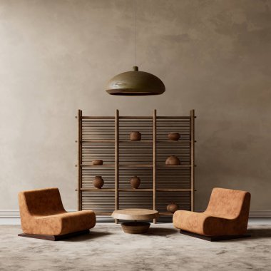 Sıcak ve modern bir estetik için doğal dokuları, yumuşak ışıkları ve toprak renklerini harmanlayan rahatlatıcı, minimalist bir yaşam alanı. 3B illüstrasyon