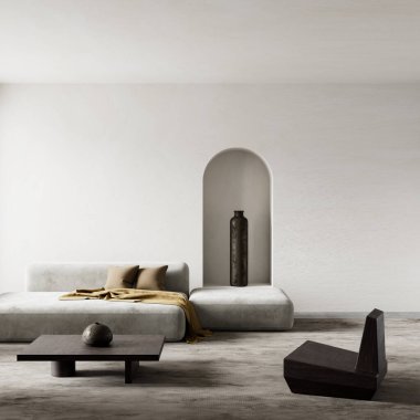 Yumuşak nötr bir oturma odası, minimalist mobilyalar, ve modern bir kolye ışığı, basitlik ve zarafeti bir arada harmanlayan bir alan. 3B illüstrasyon