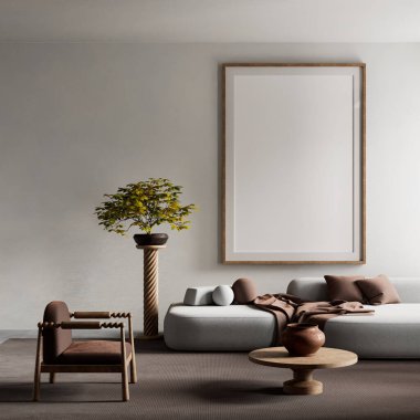 Sıcak toprak tonlarıyla minimalist bir oturma odası, heykeltraş aydınlatması, ve rahat ve sanatsal bir atmosfer yaratan yumuşak modern mobilyalar. 3B illüstrasyon