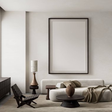 Yumuşak nötr tonlar, heykel dekoru ve modern zarafeti ve sakin estetiği ön plana çıkaran rahat bir düzenle donatılmış asgari bir oturma odası. 3B illüstrasyon