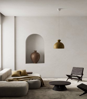 Yumuşak nötr tonlar, heykel dekoru ve modern zarafeti ve sakin estetiği ön plana çıkaran rahat bir düzenle donatılmış asgari bir oturma odası. 3B illüstrasyon