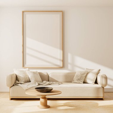 Parlak İskandinav oturma odası, poster çerçeveleri, bej kanepe, ahşap mobilya ve doğal ışık, rahat ve zamansız bir iç mekan yaratıyor. 3B illüstrasyon