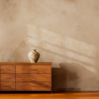 Sıcak, ahşap bir büfe. Toprak duvarına çömlek süsü sürmüş. Kırsal cazibe ve minimalist zarafeti harmanlamış. 3B illüstrasyon.