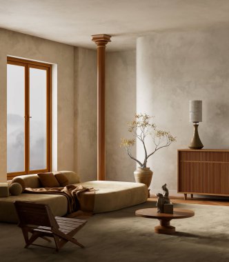 Sıcak tonlar ve minimalist mobilyalar bu İskandinav iç oturma odasını tanımlıyor, doğal dokuları zamansız zarafetle harmanlıyor. 3B illüstrasyon