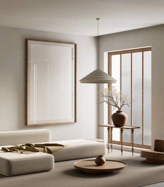 Japandi tarzıyla rahatlatıcı bir iç mekan, sıcak tarafsızlıklar ve dingin ve zamansız bir atmosfer için doğal dokular. 3B illüstrasyon