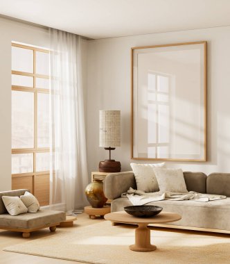 Parlak İskandinav oturma odası, poster çerçeveleri, bej kanepe, ahşap mobilya ve doğal ışık, rahat ve zamansız bir iç mekan yaratıyor. 3B illüstrasyon